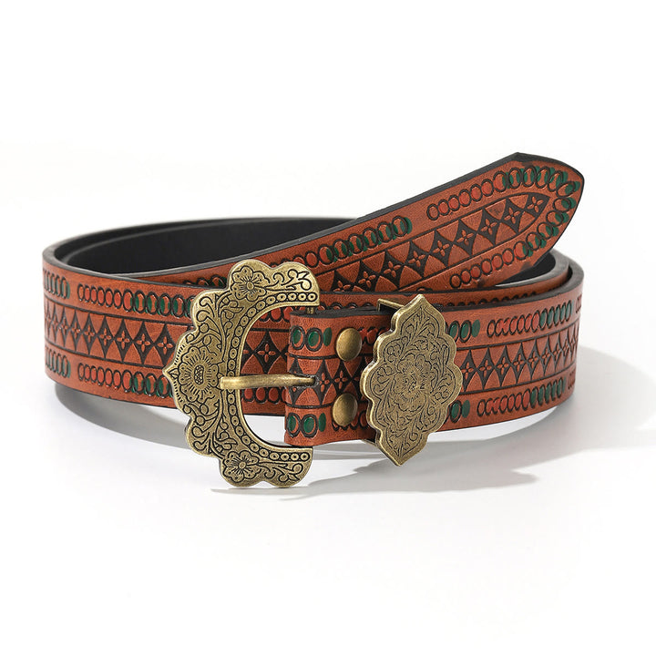 Vintage-Gürtel aus braunem Leder mit geometrischem Muster und floraler Messingschnalle - Stil Nr. 1 - 38 - image 0