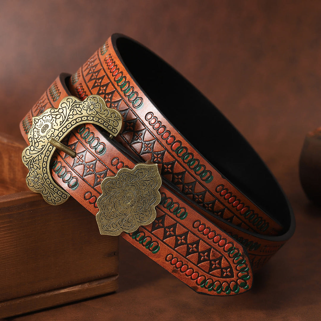 Vintage-Gürtel aus braunem Leder mit geometrischem Muster und floraler Messingschnalle - image 2