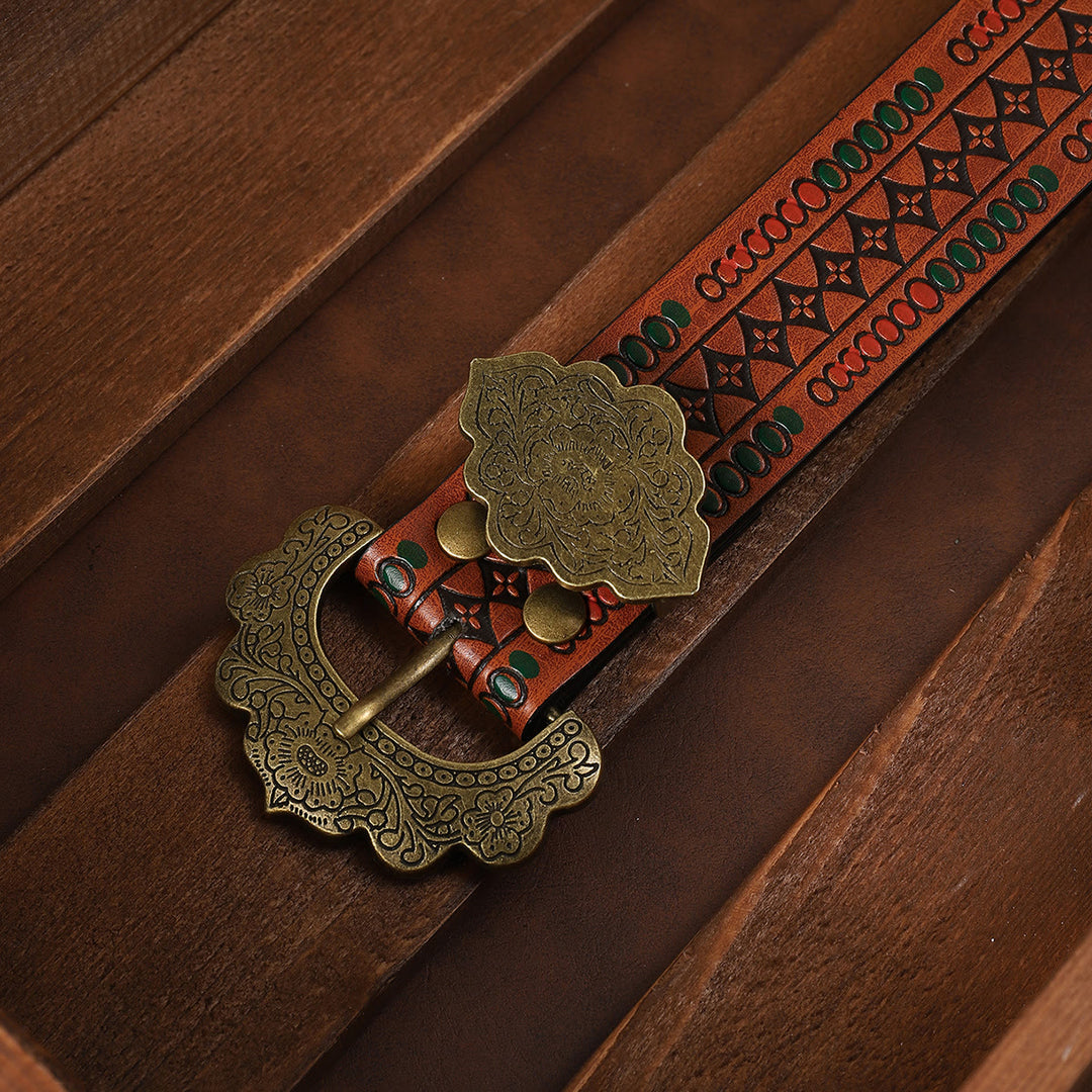 Vintage-Gürtel aus braunem Leder mit geometrischem Muster und floraler Messingschnalle - image 1