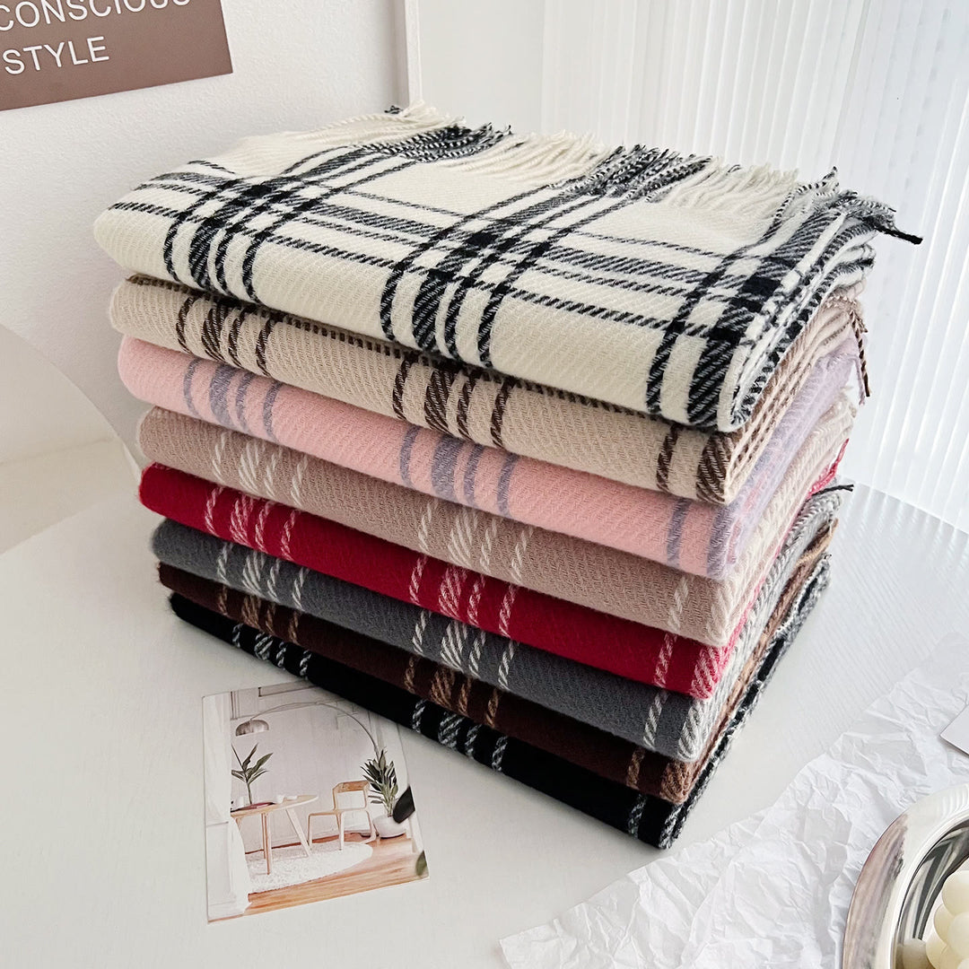 Damen Winter Schal mit Karomuster und Fransen, warm und warm - image 3