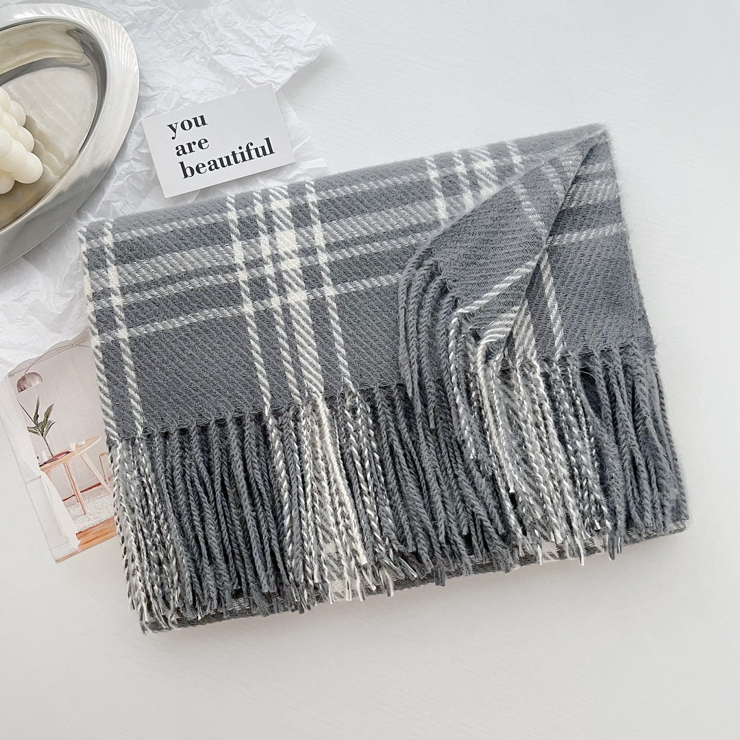 Damen Winter Schal mit Karomuster und Fransen, warm und warm - Grau - image 9