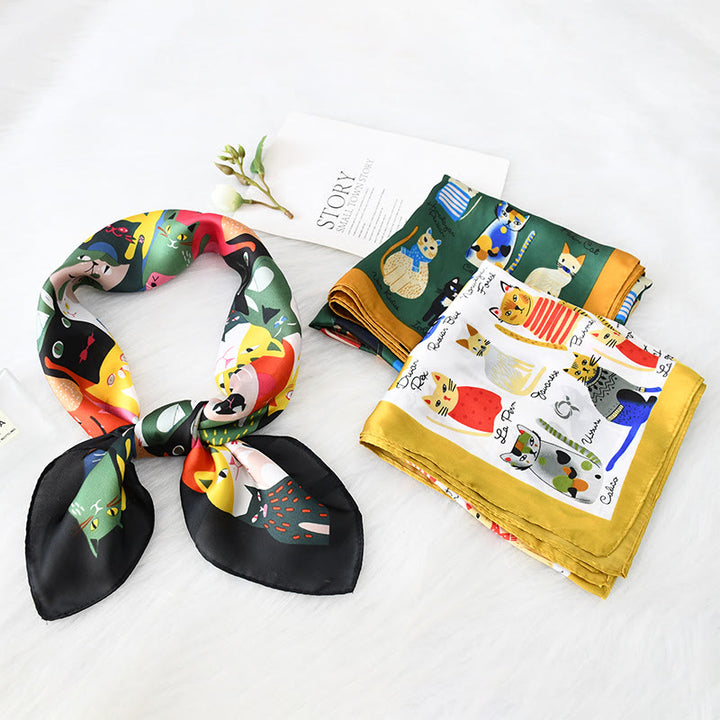 Damen-Schal mit niedlichem Katzenmotiv, dünn und quadratisch, für alle Jahreszeiten - image 0