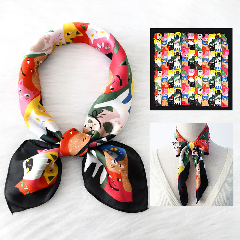 Damen-Schal mit niedlichem Katzenmotiv, dünn und quadratisch, für alle Jahreszeiten - Schwarz - image 3