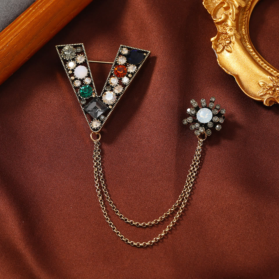 Vintage-Brosche mit Edelsteinbesatz, Halbmondform, Doppelkette und goldenen Akzenten - Stil Nr. 3 - image 2