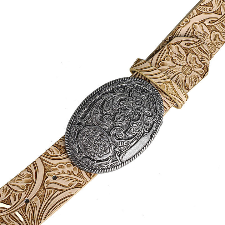 Herren-Retro-Ledergürtel aus silberfarbenem Leder mit ovaler, geschnitzter Schnalle - image 3