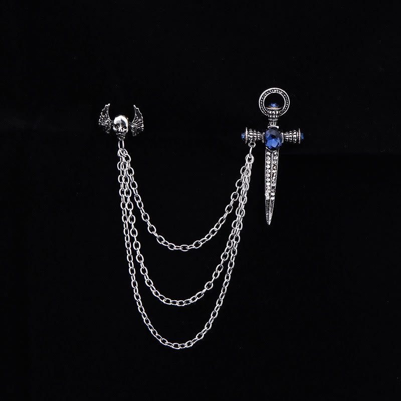 Dark Punk Totenkopf-Flügel- und Dolch-Brosche mit mehreren Ketten im Dual-Style - Silber - image 2