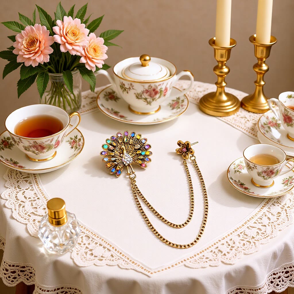 Verzierte Pfauenfederbrosche aus farbenfrohem Kristall mit Doppelkette - image 0