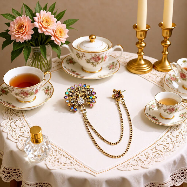 Verzierte Pfauenfederbrosche aus farbenfrohem Kristall mit Doppelkette - image 0