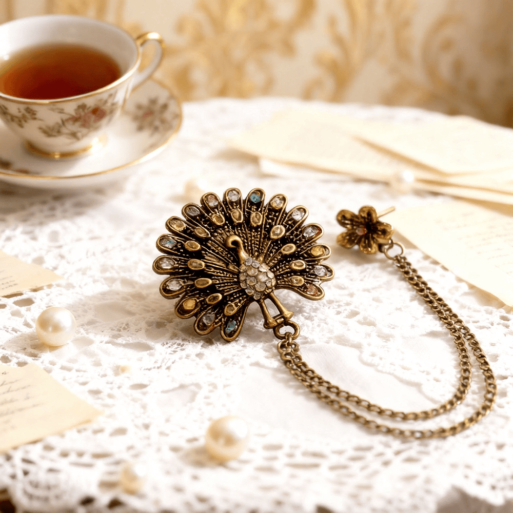 Verzierte Pfauenfederbrosche aus farbenfrohem Kristall mit Doppelkette - Stil Nr. 1 - image 1