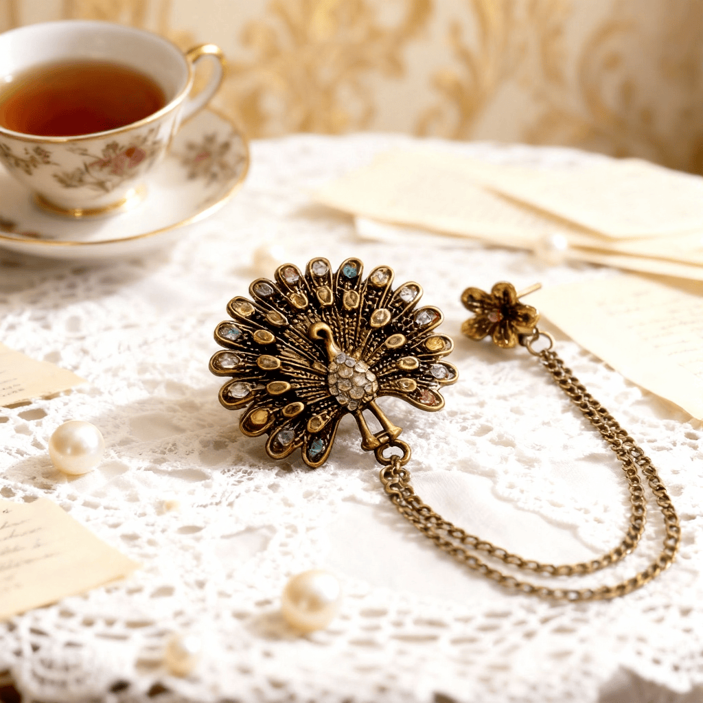 Verzierte Pfauenfederbrosche aus farbenfrohem Kristall mit Doppelkette - Stil Nr. 1 - image 1