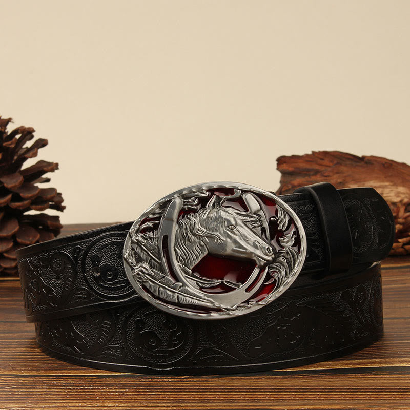 Herren-Ledergürtel mit silberner Pferdekopf- und Hufeisenverzierung - Rotes Pferd - Schwarz #1 - 44 - image 1
