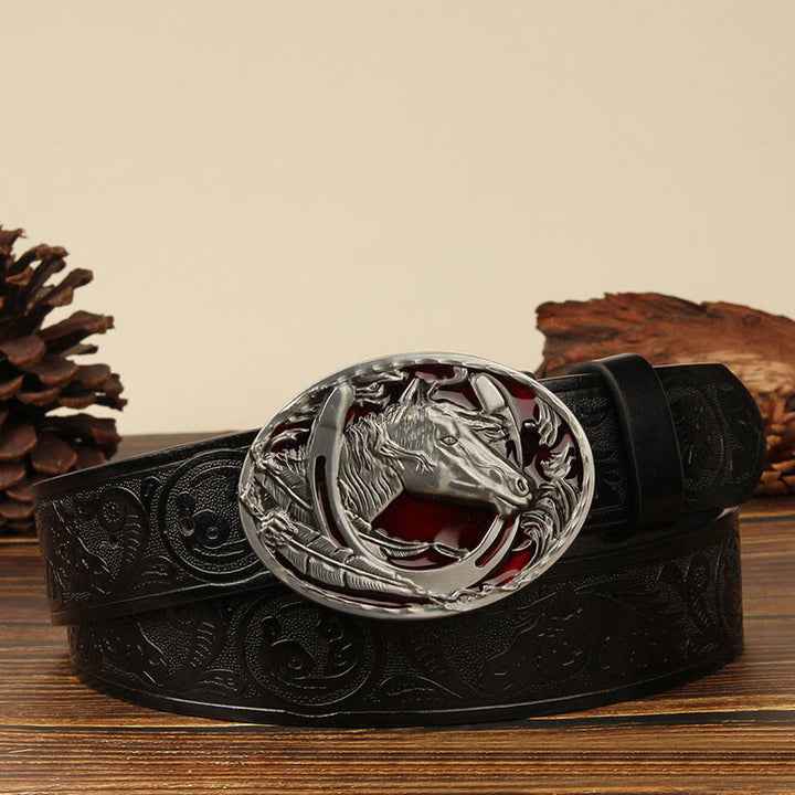 Herren-Ledergürtel mit silberner Pferdekopf- und Hufeisenverzierung - Rotes Pferd - Schwarz #1 - 44 - image 1