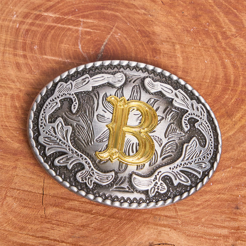 Vintage Herren-Ledergürtel aus Silber mit ovaler, eingravierter goldener Buchstabenschnalle - image 5