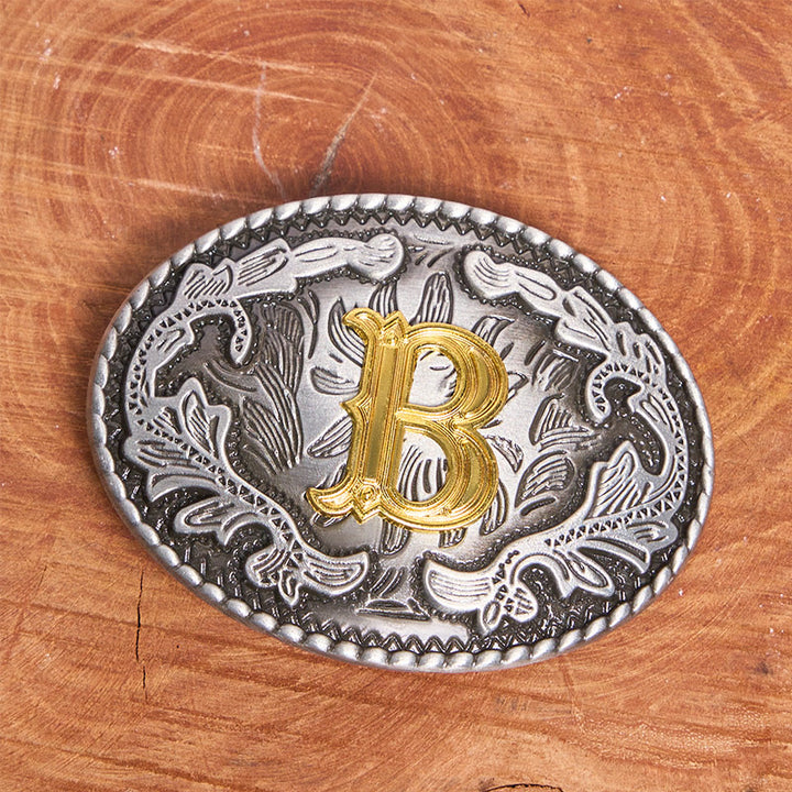 Vintage Herren-Ledergürtel aus Silber mit ovaler, eingravierter goldener Buchstabenschnalle - image 5