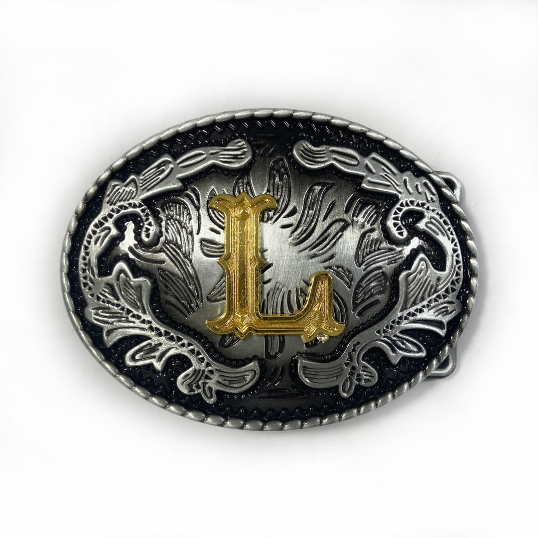 Vintage Herren-Ledergürtel aus Silber mit ovaler, eingravierter goldener Buchstabenschnalle - L - Ohne Gürtel - image 20