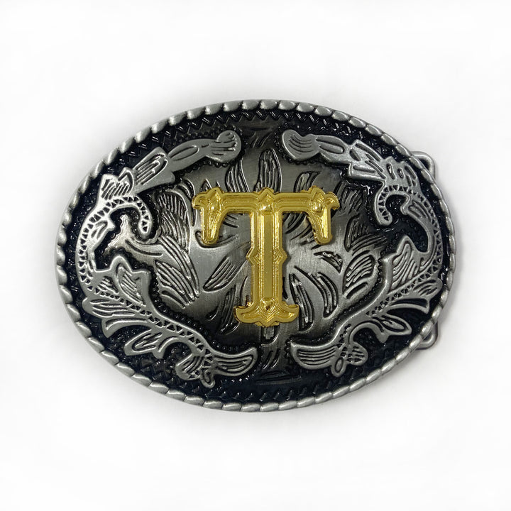 Vintage Herren-Ledergürtel aus Silber mit ovaler, eingravierter goldener Buchstabenschnalle - T - Ohne Gürtel - image 28