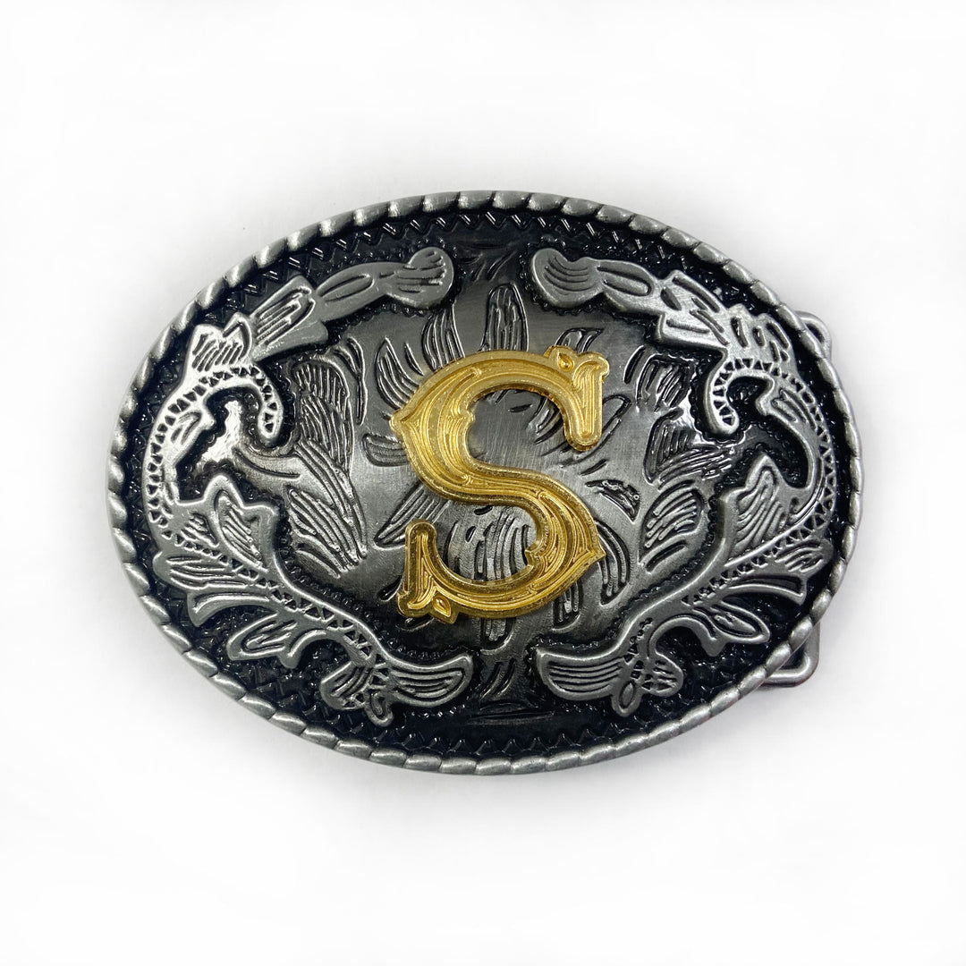 Vintage Herren-Ledergürtel aus Silber mit ovaler, eingravierter goldener Buchstabenschnalle - S - Ohne Gürtel - image 27