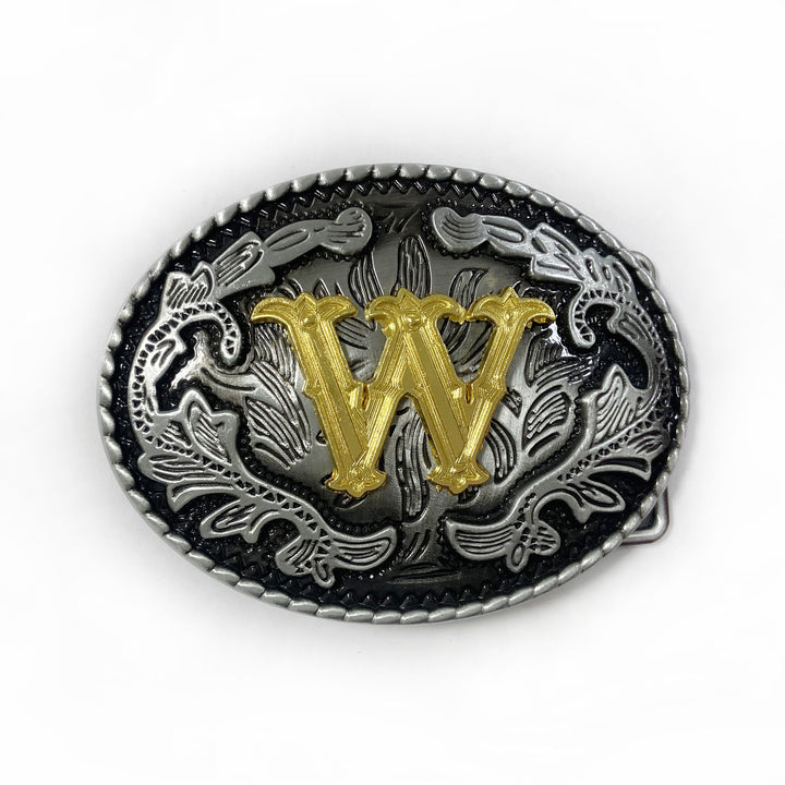 Vintage Herren-Ledergürtel aus Silber mit ovaler, eingravierter goldener Buchstabenschnalle - W - Ohne Gürtel - image 31