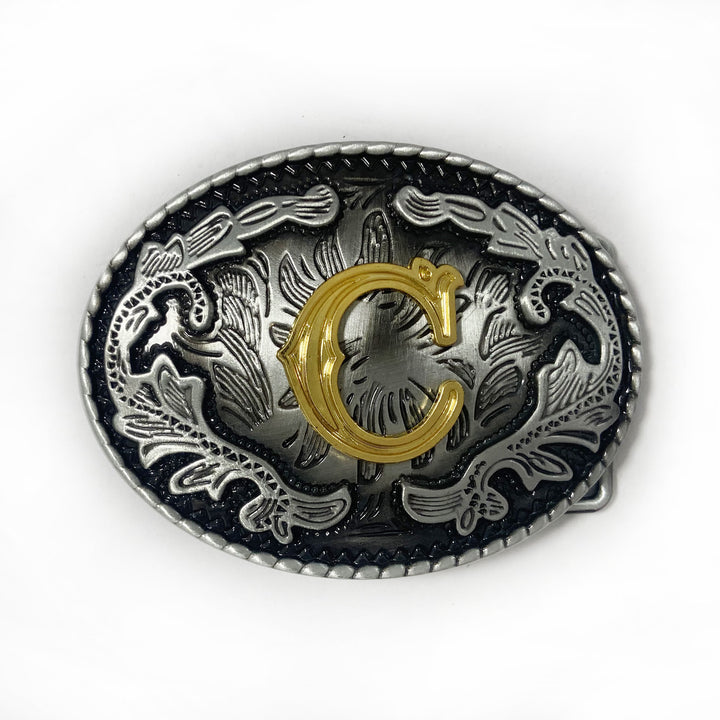 Vintage Herren-Ledergürtel aus Silber mit ovaler, eingravierter goldener Buchstabenschnalle - C - Ohne Gürtel - image 11