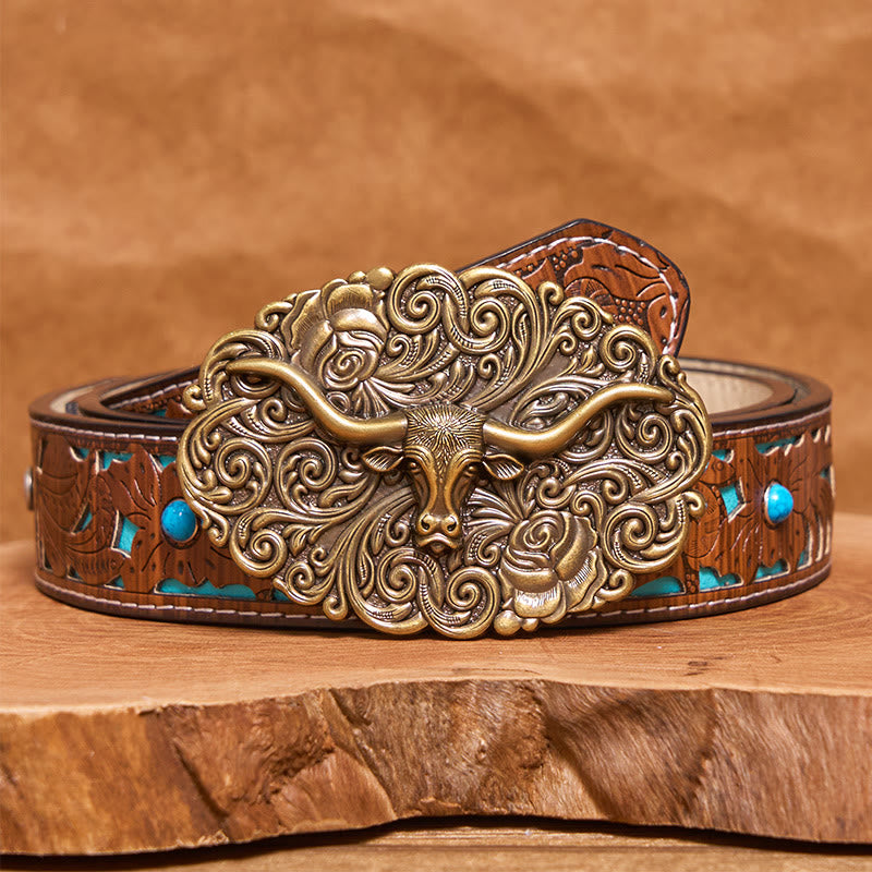 Exquisiter Herren-Ledergürtel mit floralem Muster und geschnitzter Stierkopfschnalle - Bronze - Türkisfarbener, geschnitzter Gürtel - 42 - image 11