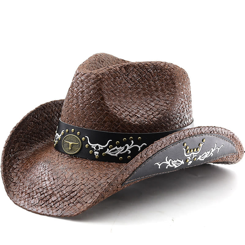 Herren-Cowboyhut im Western-Stil mit gewebtem Bullenemblem und Nietenbesatz - Kaffee - M (22"-22 7/8") - image 0