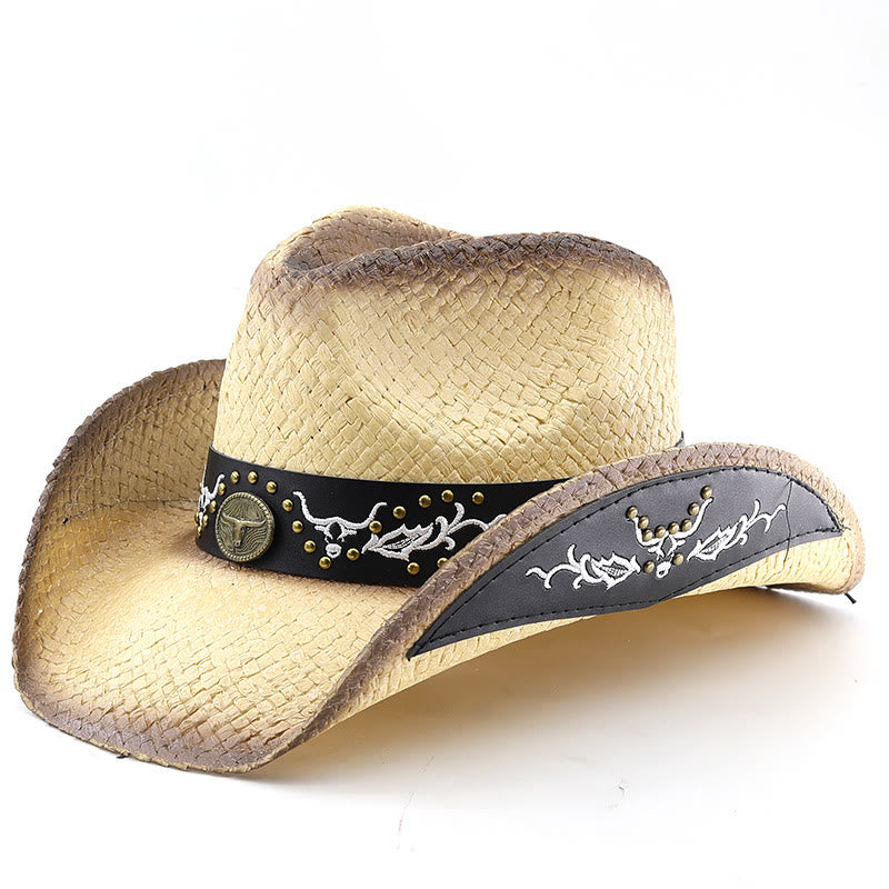 Herren-Cowboyhut im Western-Stil mit gewebtem Bullenemblem und Nietenbesatz - Cremefarben - M (22"-22 7/8") - image 9
