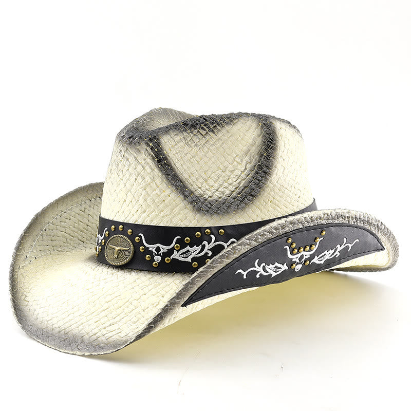Herren-Cowboyhut im Western-Stil mit gewebtem Bullenemblem und Nietenbesatz - Weiß - M (22"-22 7/8") - image 8