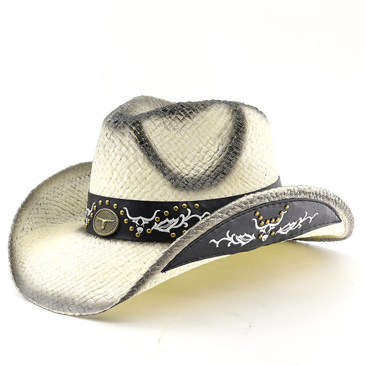 Herren-Cowboyhut im Western-Stil mit gewebtem Bullenemblem und Nietenbesatz - Weiß - M (22"-22 7/8") - image 8