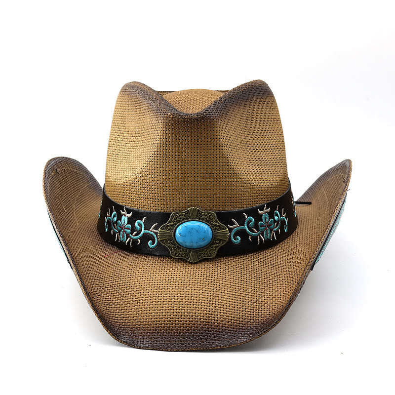 Gewebte Cowboyhüte im Westernstil mit türkisfarbenen Akzenten und besticktem Besatz - image 1