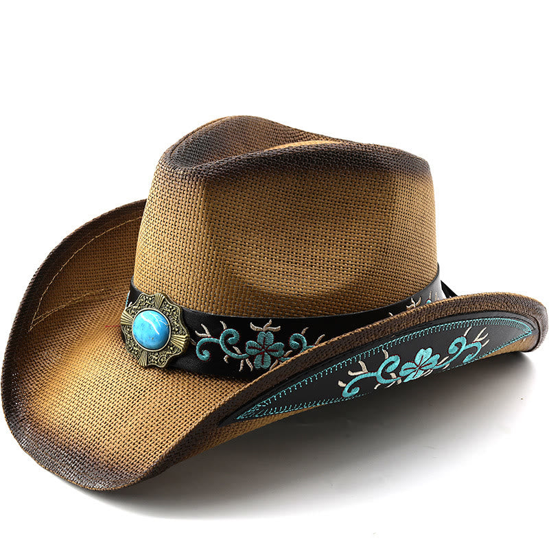 Gewebte Cowboyhüte im Westernstil mit türkisfarbenen Akzenten und besticktem Besatz - Khaki - M (22"-22 7/8") - image 0