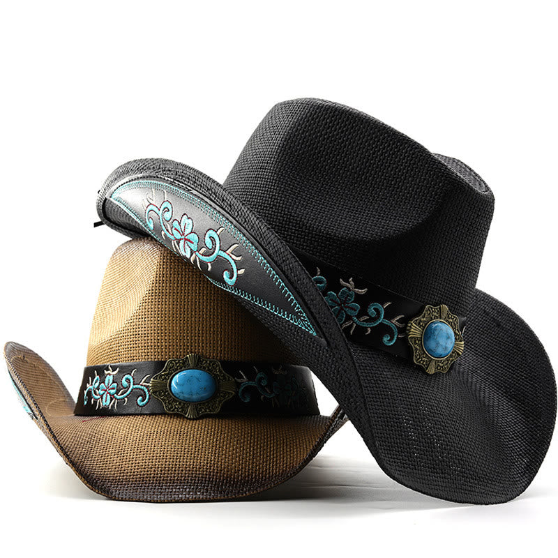 Gewebte Cowboyhüte im Westernstil mit türkisfarbenen Akzenten und besticktem Besatz - image 4