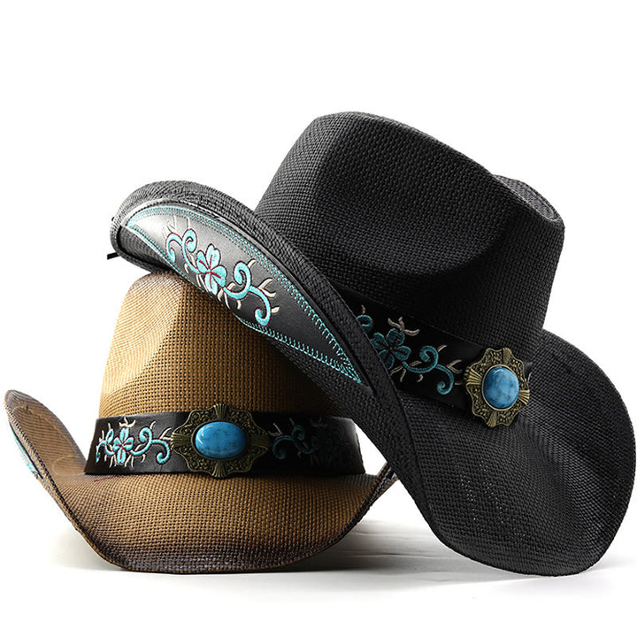 Gewebte Cowboyhüte im Westernstil mit türkisfarbenen Akzenten und besticktem Besatz - image 4