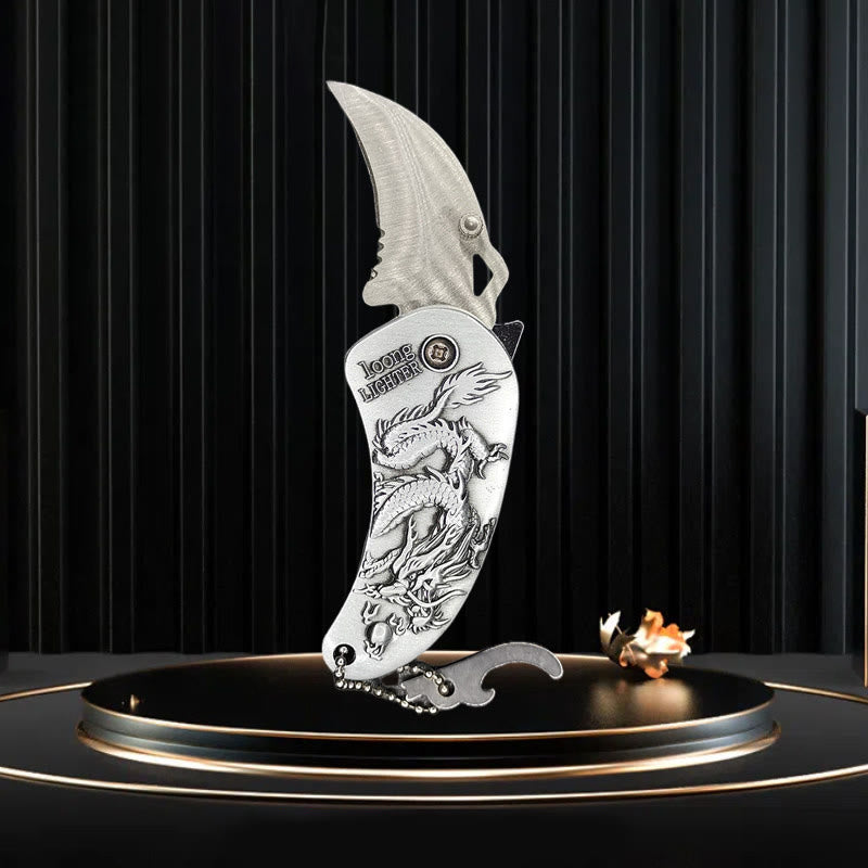 Klappmesser mit Metallrelief und Drachenmotiv, Butanfeuerzeug - Drachensilber - image 2
