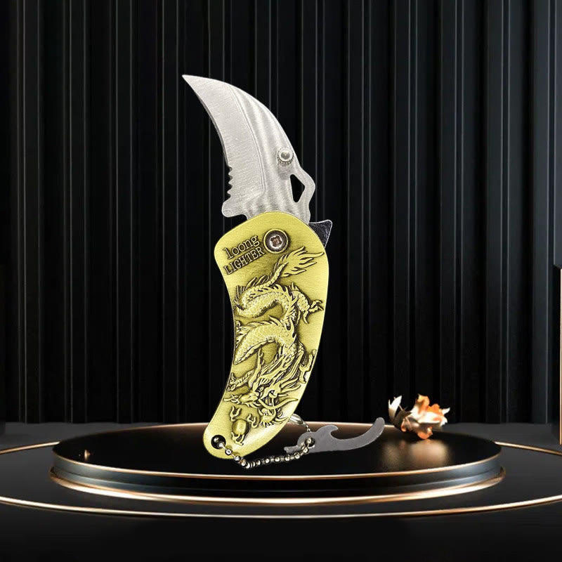 Klappmesser mit Metallrelief und Drachenmotiv, Butanfeuerzeug - Drachenbronze - image 1