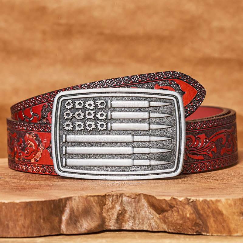 Herren-Ledergürtel mit rechteckiger Schnalle und silbernem Kugelmotiv - Brauner geschnitzter Gürtel - 42 - image 6