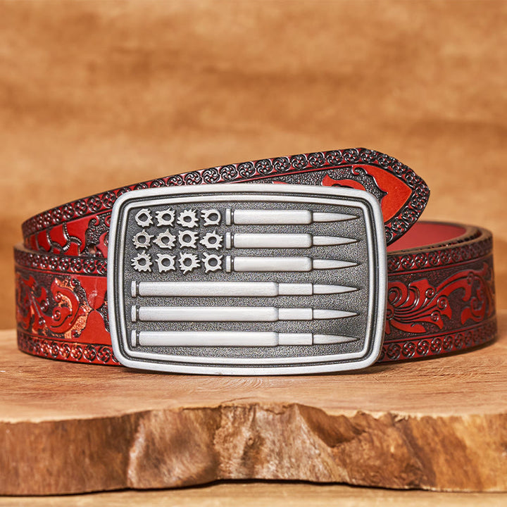 Herren-Ledergürtel mit rechteckiger Schnalle und silbernem Kugelmotiv - Brauner geschnitzter Gürtel - 42 - image 6