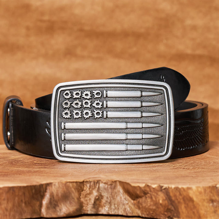 Herren-Ledergürtel mit rechteckiger Schnalle und silbernem Kugelmotiv - Schwarzer Gürtel mit Adlerprägung - 42 - image 2