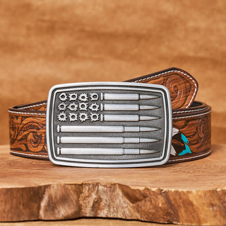 Herren-Ledergürtel mit rechteckiger Schnalle und silbernem Kugelmotiv - Brauner Federgürtel - 40 - image 7