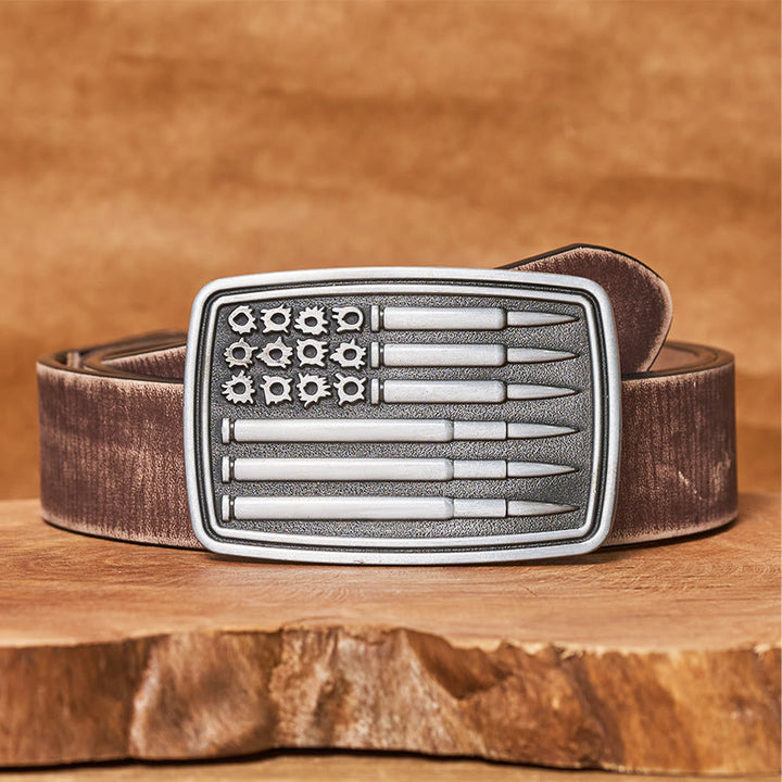 Herren-Ledergürtel mit rechteckiger Schnalle und silbernem Kugelmotiv - Brauner, abgenutzter Gürtel - 42 - image 5