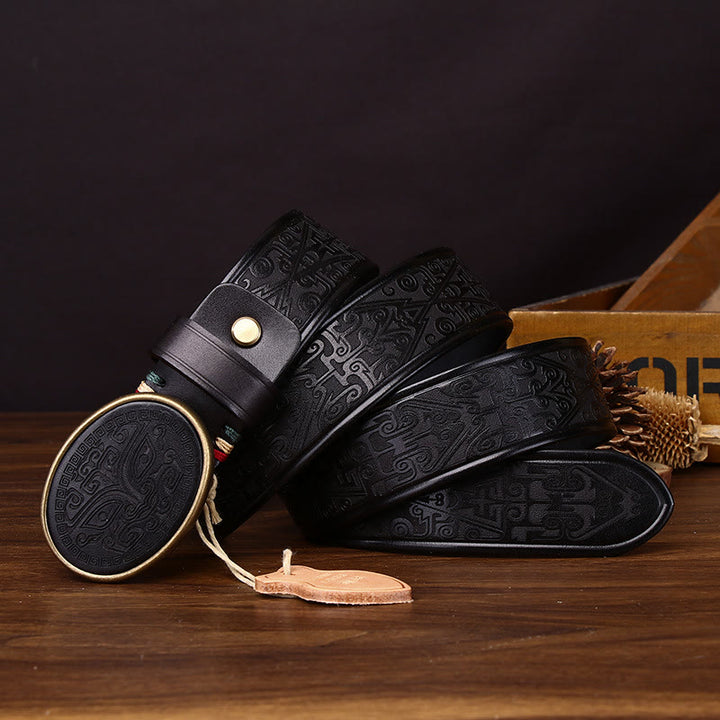 Retro-Ledergürtel mit Totem-Motiv und ovaler Schnalle für Herren - Schwarz - 44 - image 3