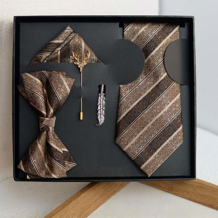 5-teiliges Herren-Krawatten-Set im Retro-Stil, braun, mit diagonalem Muster - 5 Stück - image 0