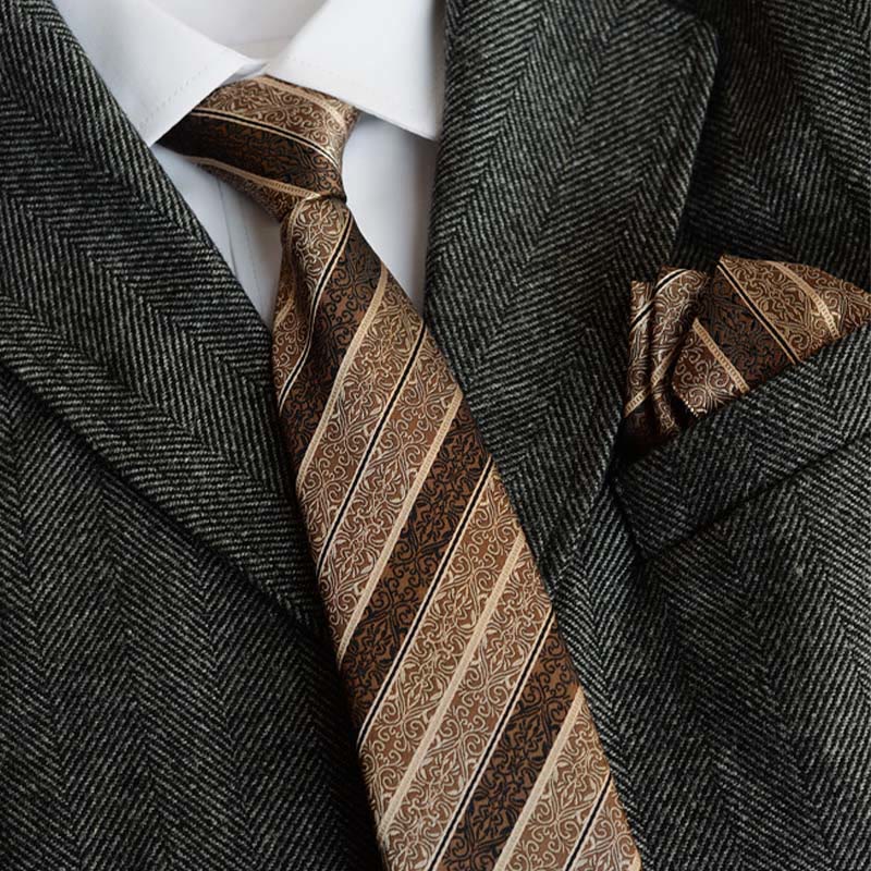 5-teiliges Herren-Krawatten-Set im Retro-Stil, braun, mit diagonalem Muster - image 1