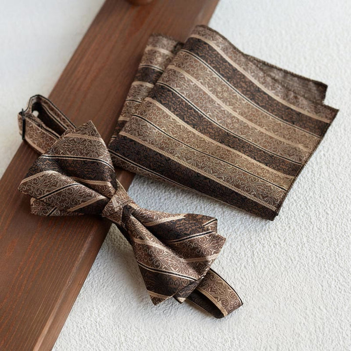 5-teiliges Herren-Krawatten-Set im Retro-Stil, braun, mit diagonalem Muster - Fliege + Einstecktuch - image 4