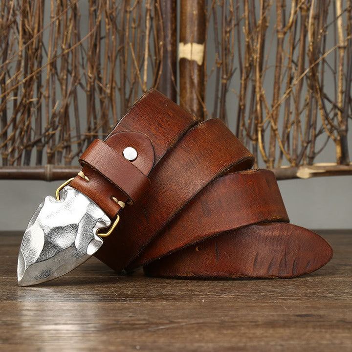 Herren-Ledergürtel im Retro-Stil mit abgenutzter silberner, dreieckiger Pfeilschnalle - Khaki - 46 - image 1