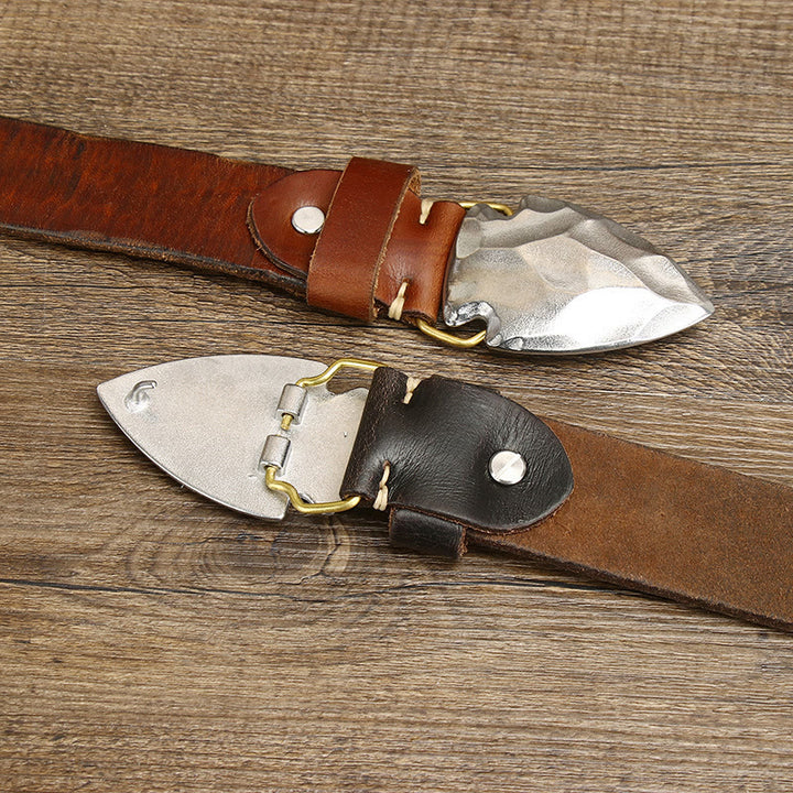 Herren-Ledergürtel im Retro-Stil mit abgenutzter silberner, dreieckiger Pfeilschnalle - image 4