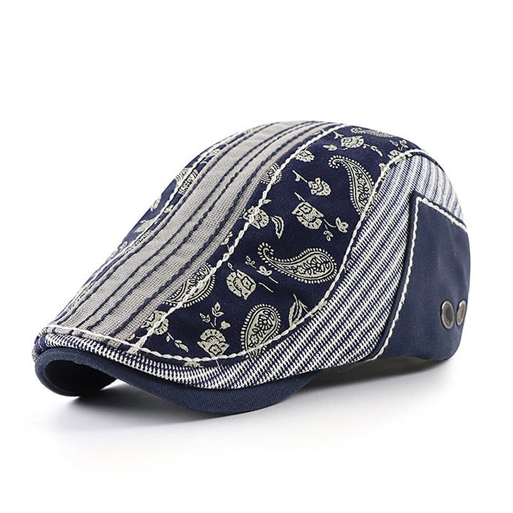 Vintage Paisley & Stripe Patchwork Flat Top Beret Hut - Marine - Verstellbar (22"-23 5/8") - image 0