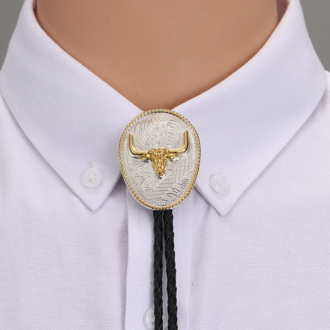 Western Retro Golden Bullhead Silver Plate Bolo Krawatte - Goldener Bullenkopf - image 0