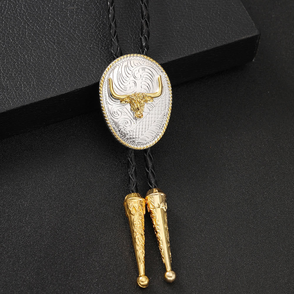 Western Retro Golden Bullhead Silver Plate Bolo Krawatte - image 1