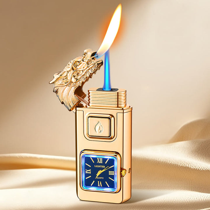 Aufblasbares LED-Butanfeuerzeug mit Drachenkopf und Uhr - Gold - image 9