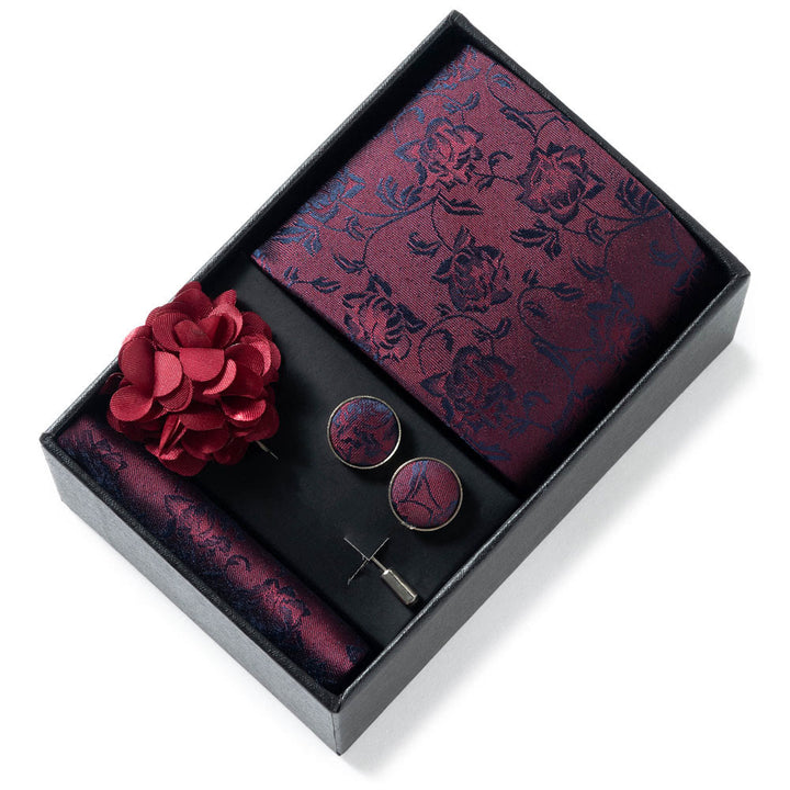 4-teiliges Herren-Set aus stilvollem, gemustertem Stoff: Krawatte, Einstecktuch, Manschettenknöpfe und Reversblume - Stil Nr. 1 - image 0